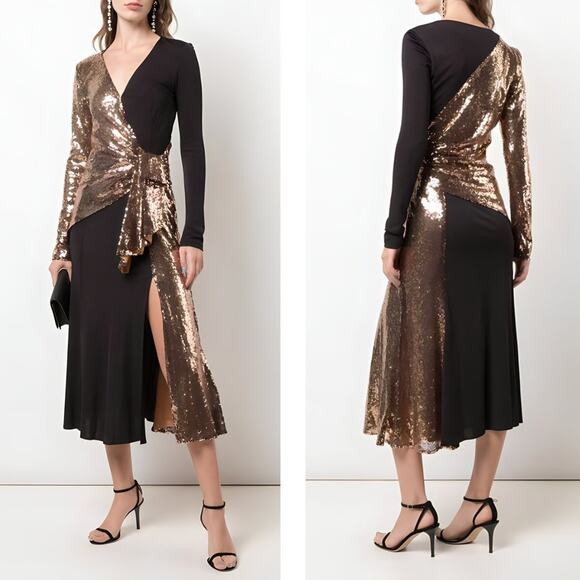 Prabal Gurung Sequin Wrap Midi Dress 4 Gold Black NWT - Picture 15 of 15